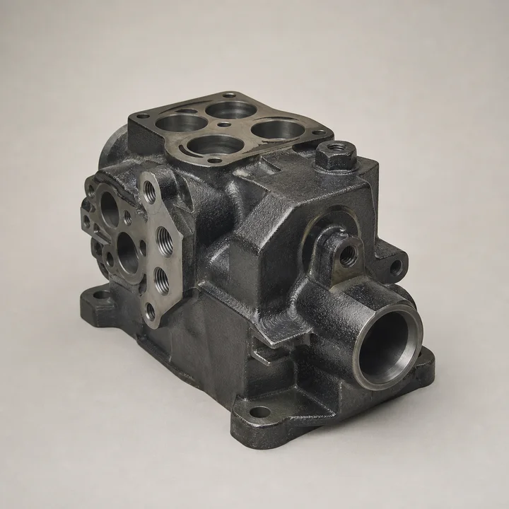 Hydraulic valve housing in Ductile iron 65-45-12, catalog product photograph