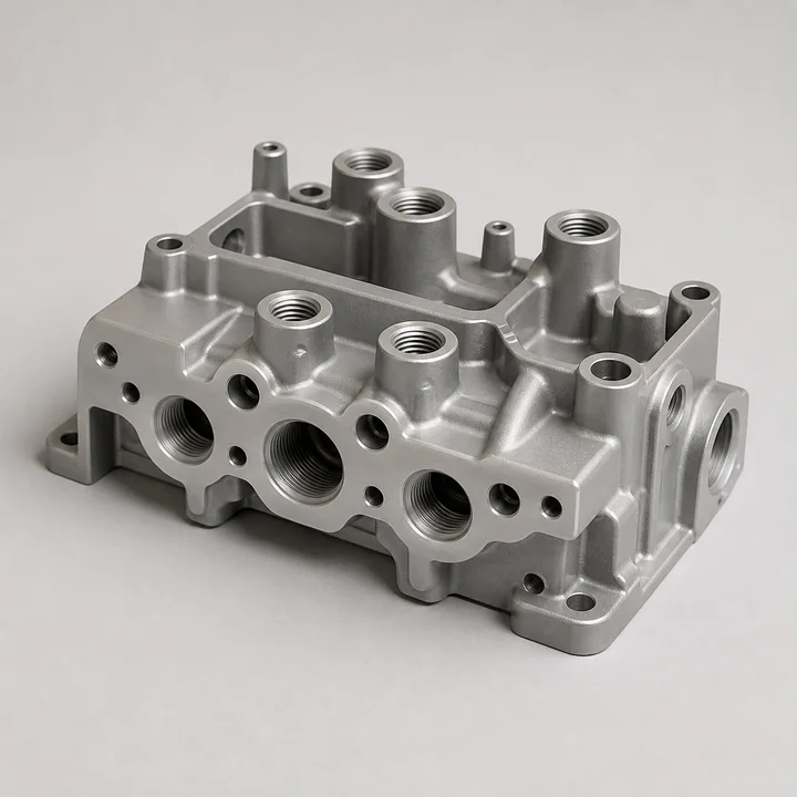 Pneumatic manifold casting in A356-T6 aluminum, catalog product photograph