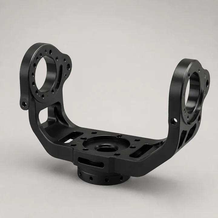Camera gimbal yoke in 6061-T6 aluminum, catalog product photograph