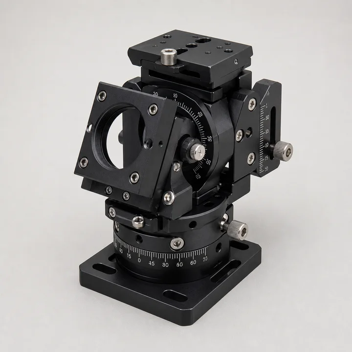 Five-axis optical mount in 6061-T6 aluminum, catalog product photograph