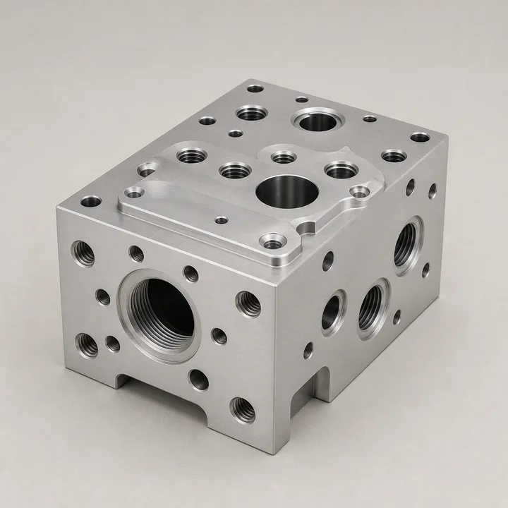 Hydraulic manifold block in 7075-T651 aluminum, catalog product photograph