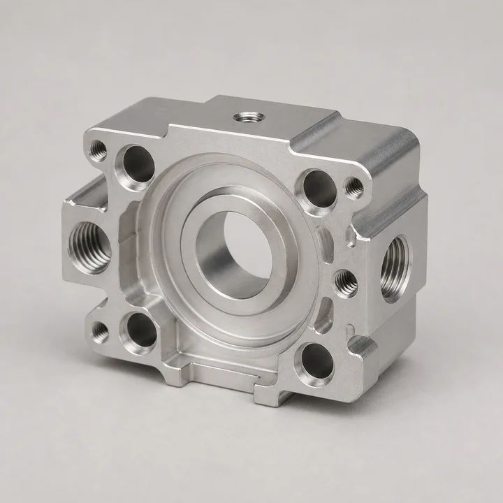 Pneumatic end cap in 6061-T6 aluminum, catalog product photograph