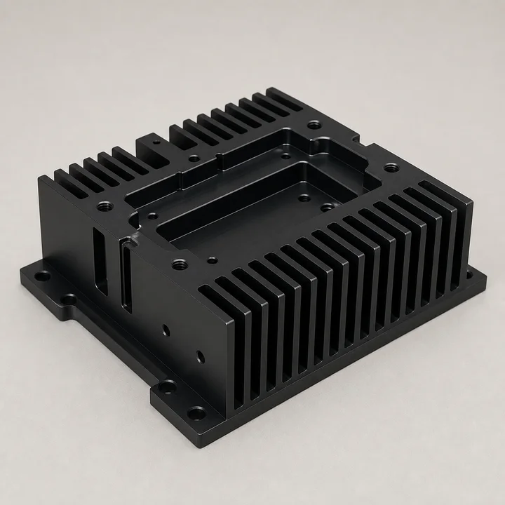 RF amplifier heat sink in 6063-T5 aluminum, catalog product photograph