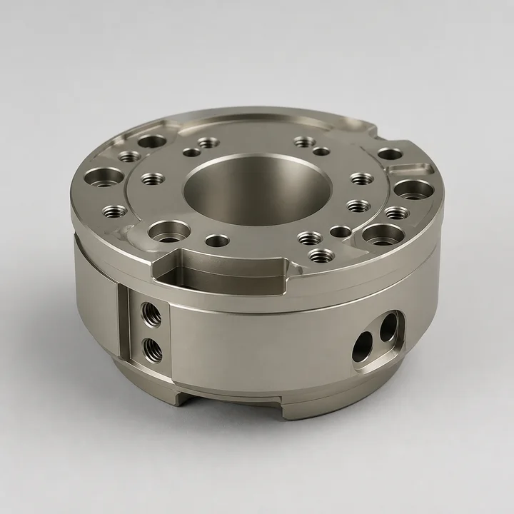 Robotic wrist flange in 7075-T6 aluminum, catalog product photograph