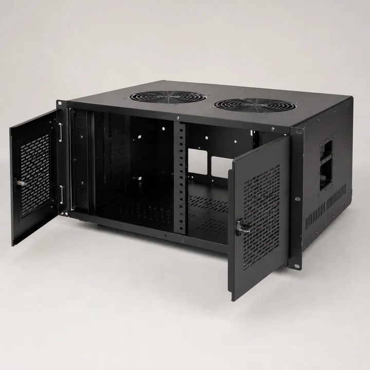 Fan-cooled amplifier chassis in 1.5mm 5052-H32 aluminum, catalog product photograph