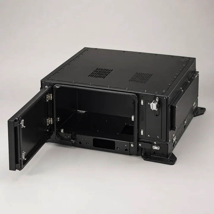 Underbody electronics enclosure in 2.0mm 5052-H32 aluminum, catalog product photograph