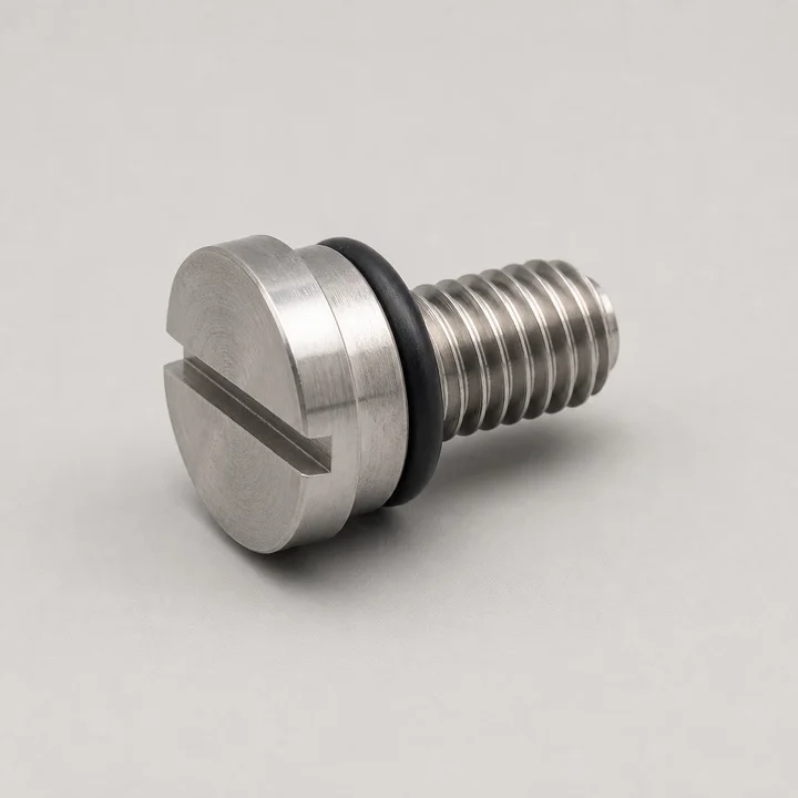 Sealing screw 1/4-28 in A4 stainless with fluoropolymer O-ring, catalog product photograph