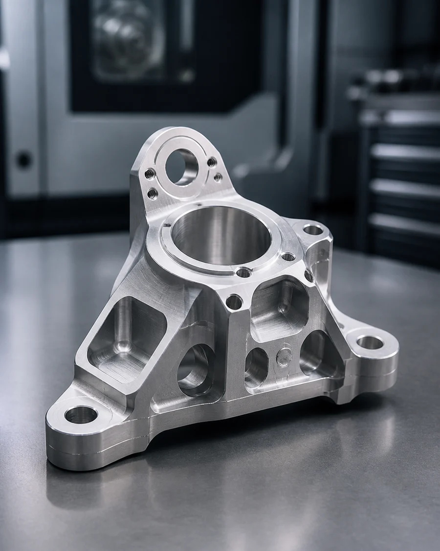 Five-axis CNC-machined aluminum mounting component on an inspection bench