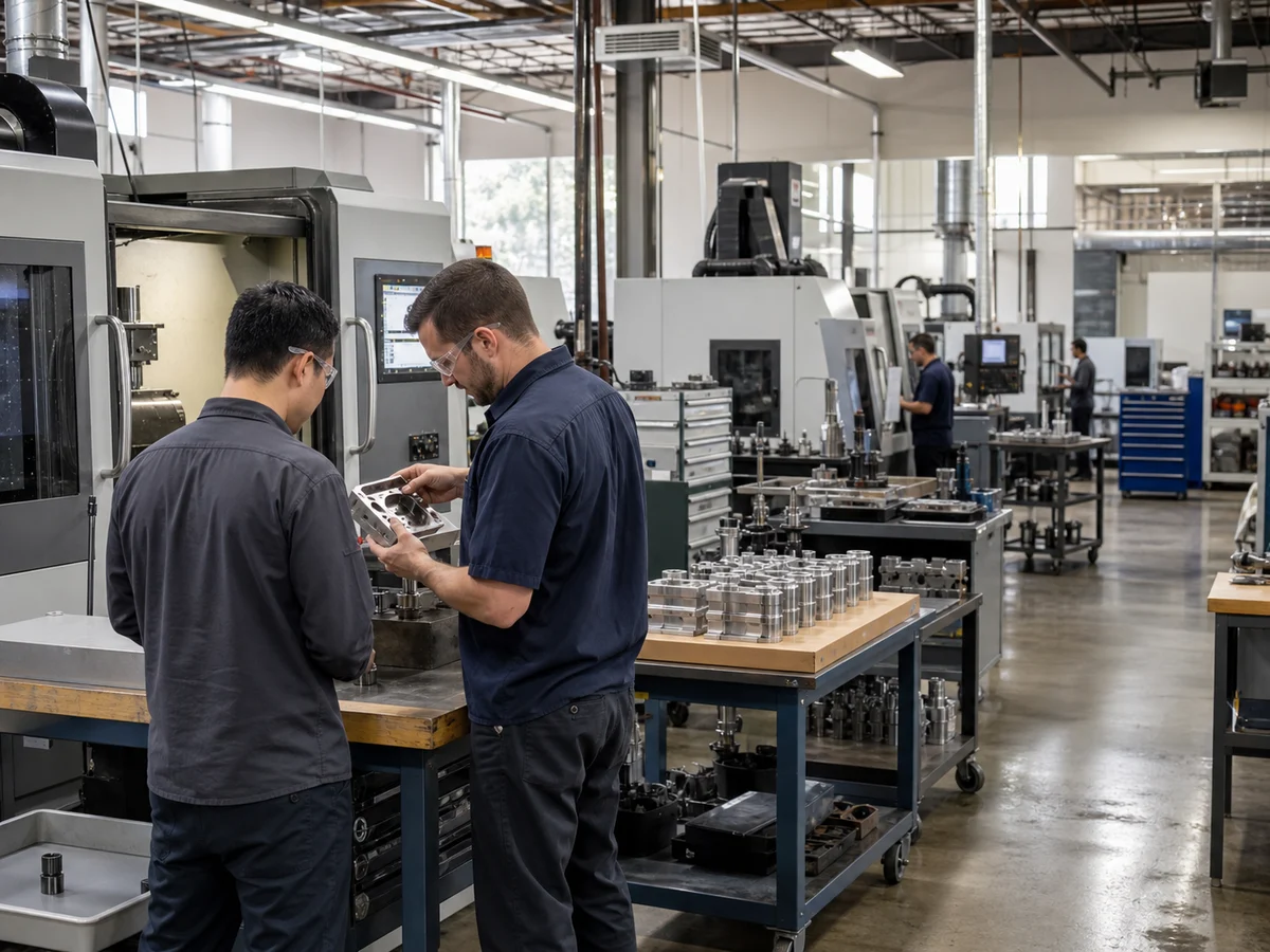 Two technicians inspecting a machined component on the Proco Systems production floor